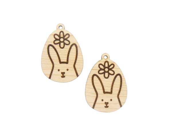 Bunny Rabbit with Flower Engraved Wood Drop Charms