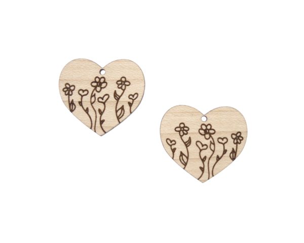 Flowers and Heart Garden Engraved Wood Drop Charms