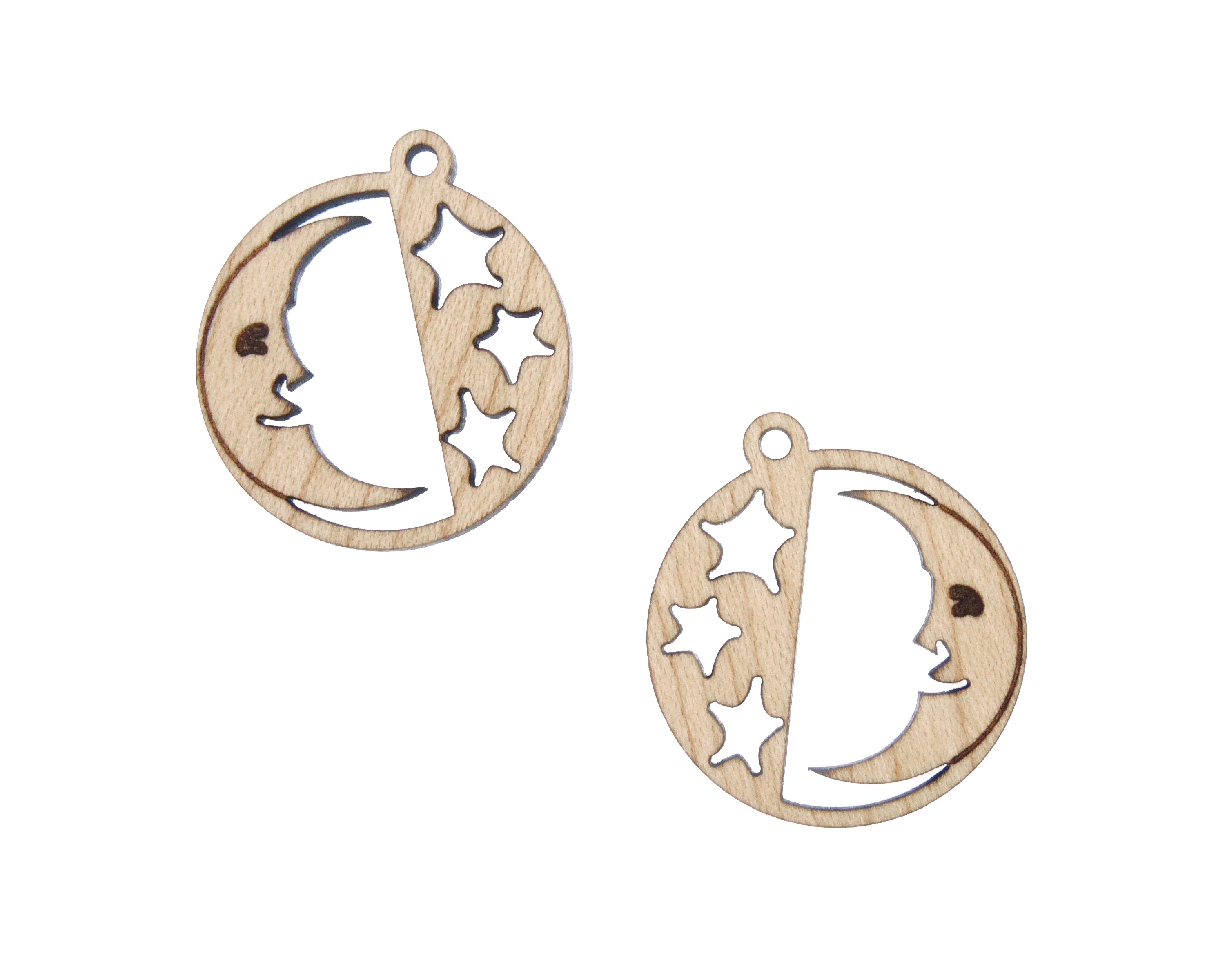 Moon and Stars Engraved Wood Drop Charms