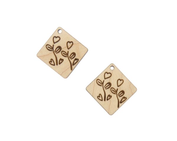 Heart with Garden Flowers Engraved Wood Drop Charms