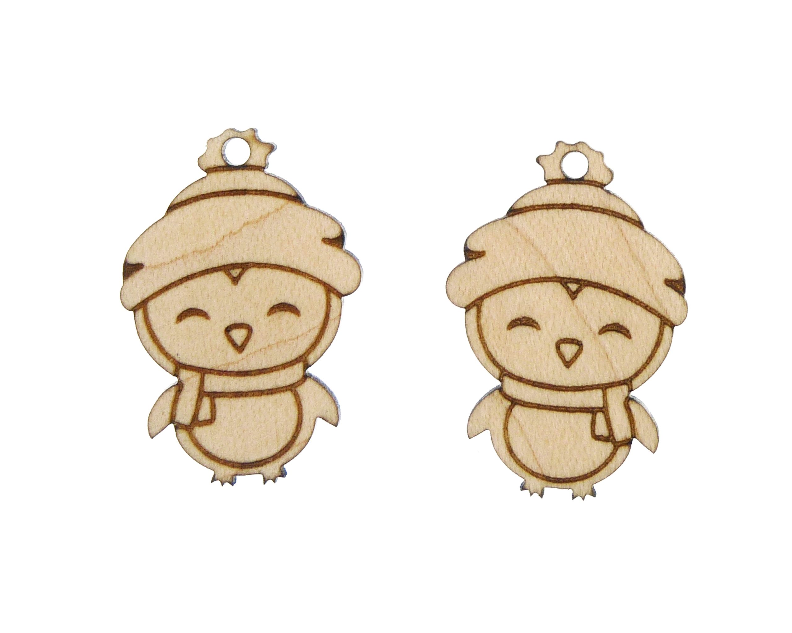 Winter Penguins Engraved Wood Drop Charms