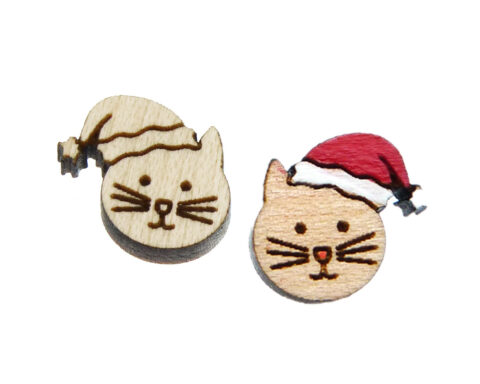 Cat with Santa Hat Wood Stud Earring Blanks